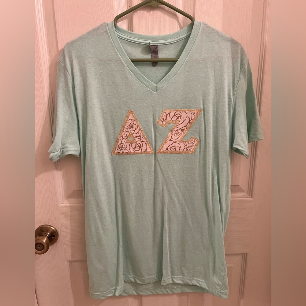 Mint Green V-Neck T-Shirt with Gold Floral Letters